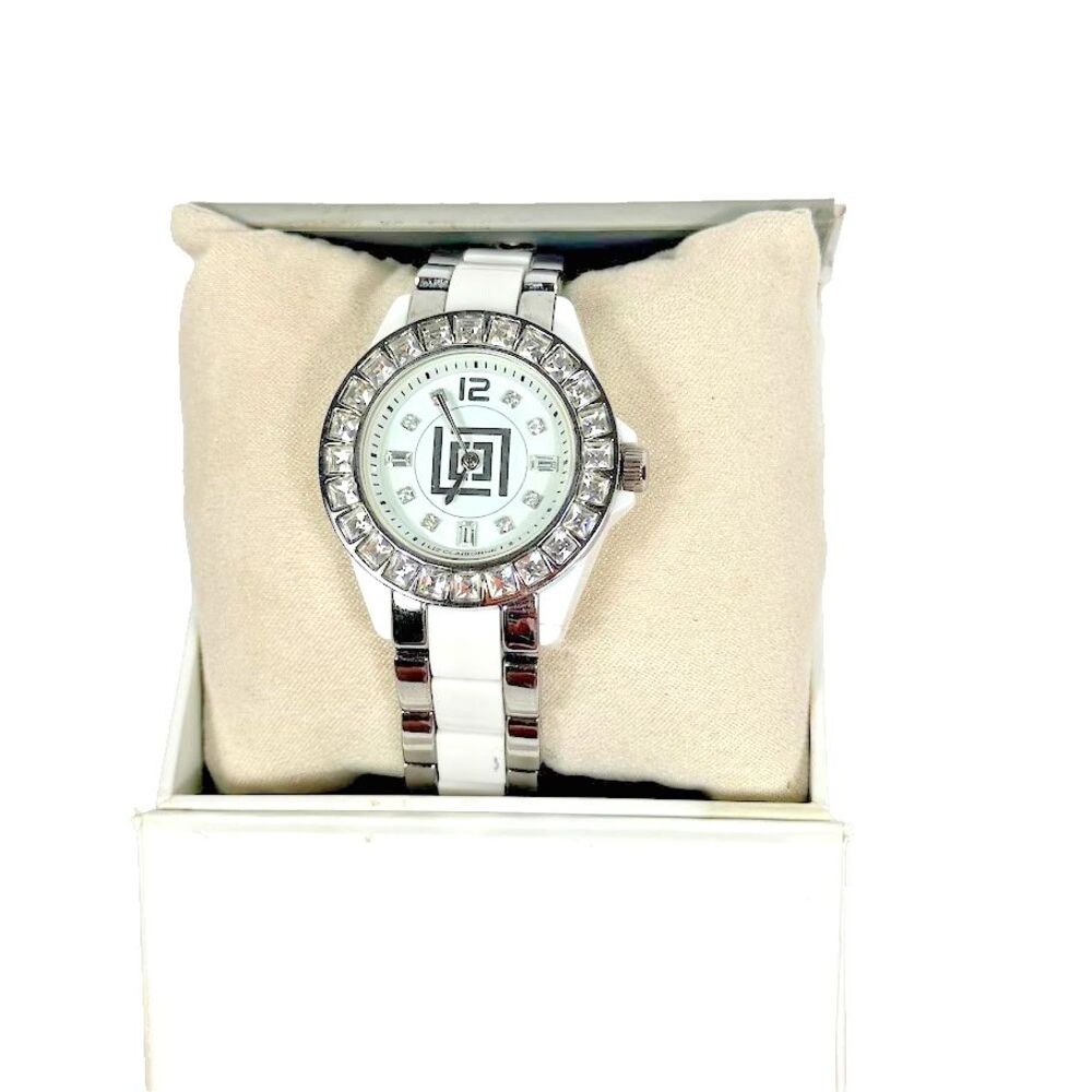 Liz Claiborne Women's Quartz Watch White Ceramic Band Silver Crystal Rhinestones